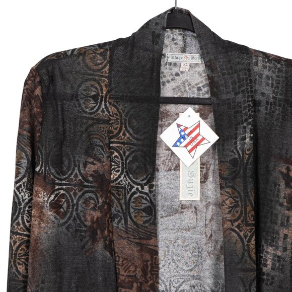Vintage Suzie Cardigan XL Womens NEW Open Front Abstract Black Brown Blue USA - Picture 2 of 5